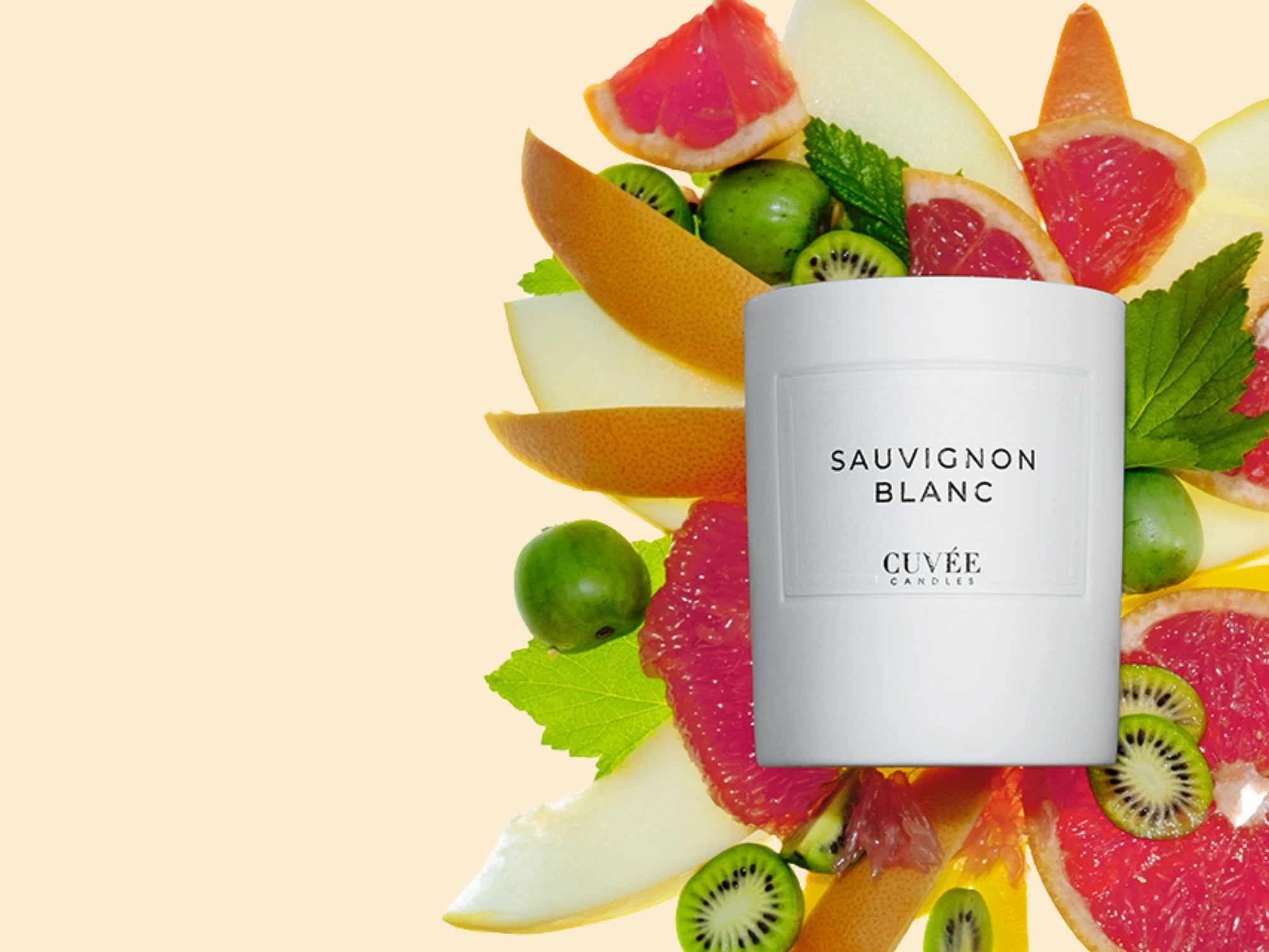 Luxurious Sauvignon Blanc scented candle from CUVÉE CANDLES with the classic fruits of grapefruit, gooseberry and honeydew melon and the exotic aromas of the New Zealand wine style Sauvignon Blanc from the new world.